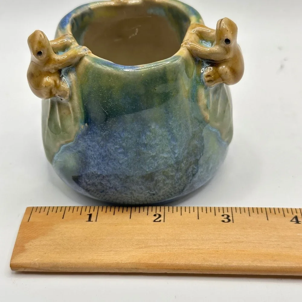 Studio Pottery Frog Vessel Blue Green Drip Glaze Signed Handmade Art Pottery